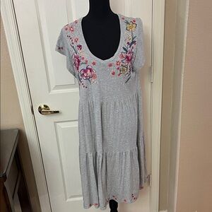 Johnny Was Gray Dress with Pink and Purple Floral Embroidery